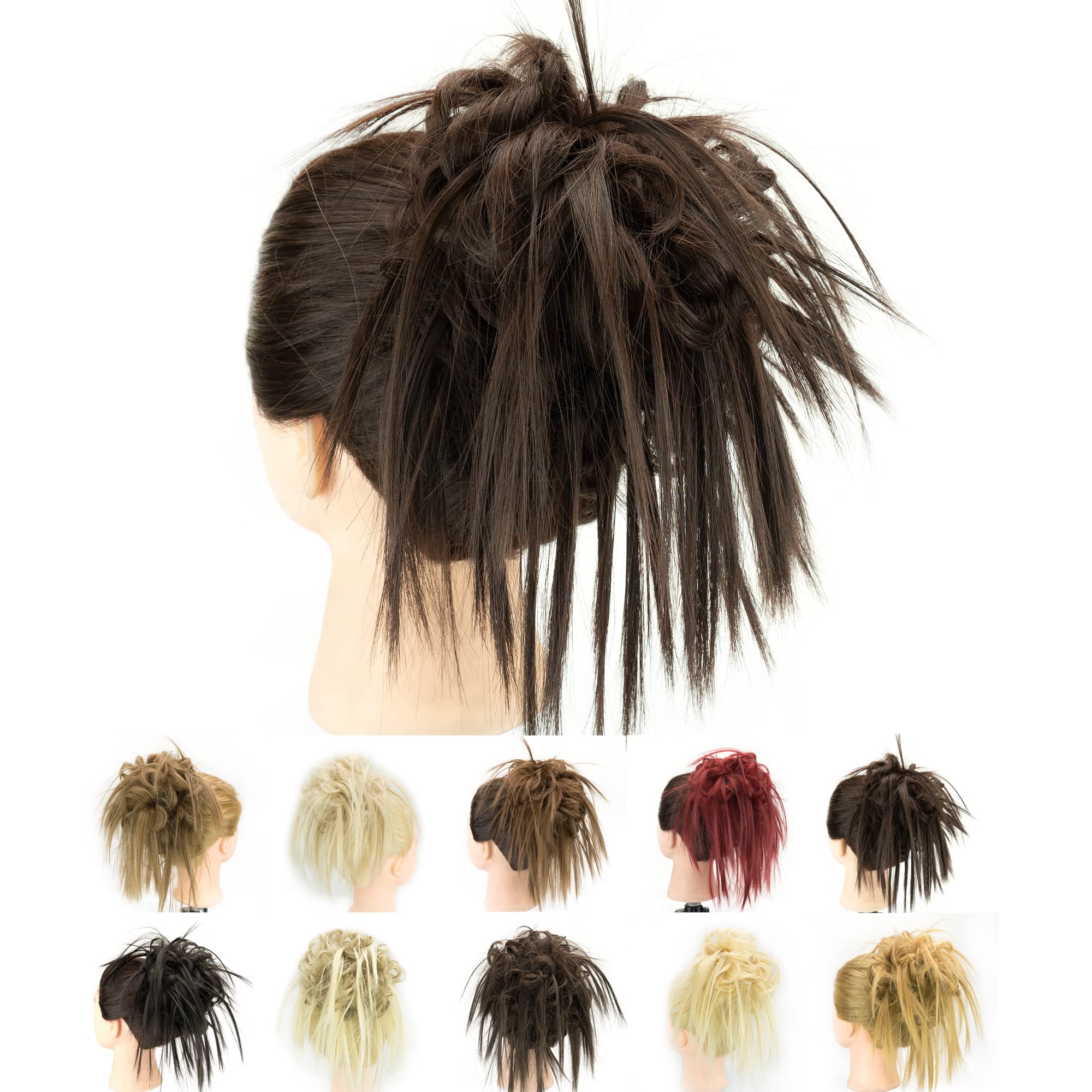 IMISSU 2PCS Messy Hair Bun Piece Updo Fake Scrunchies Extension Wavy Curly Hairpieces Ponytail Chignon Headband for Women Girls (2PCS Chocolate Brown)