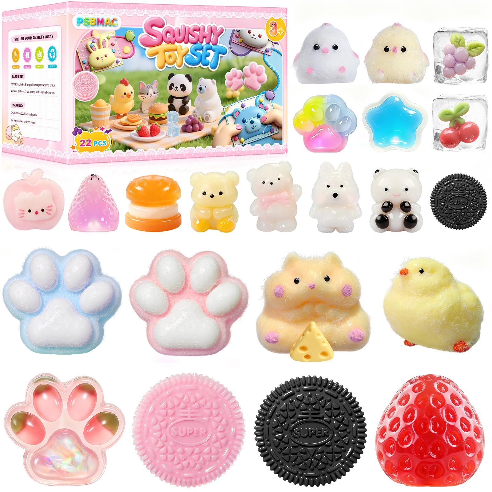 PSBMAC 22PCS Squishy Toys, Adorable Squeeze Toys Set, Fidget Toys Kit for Kids & Adults, Squishies Ideal for Anxiety Stress Relief, Party Favors Classroom Birthday Gifts for Boys & Girls