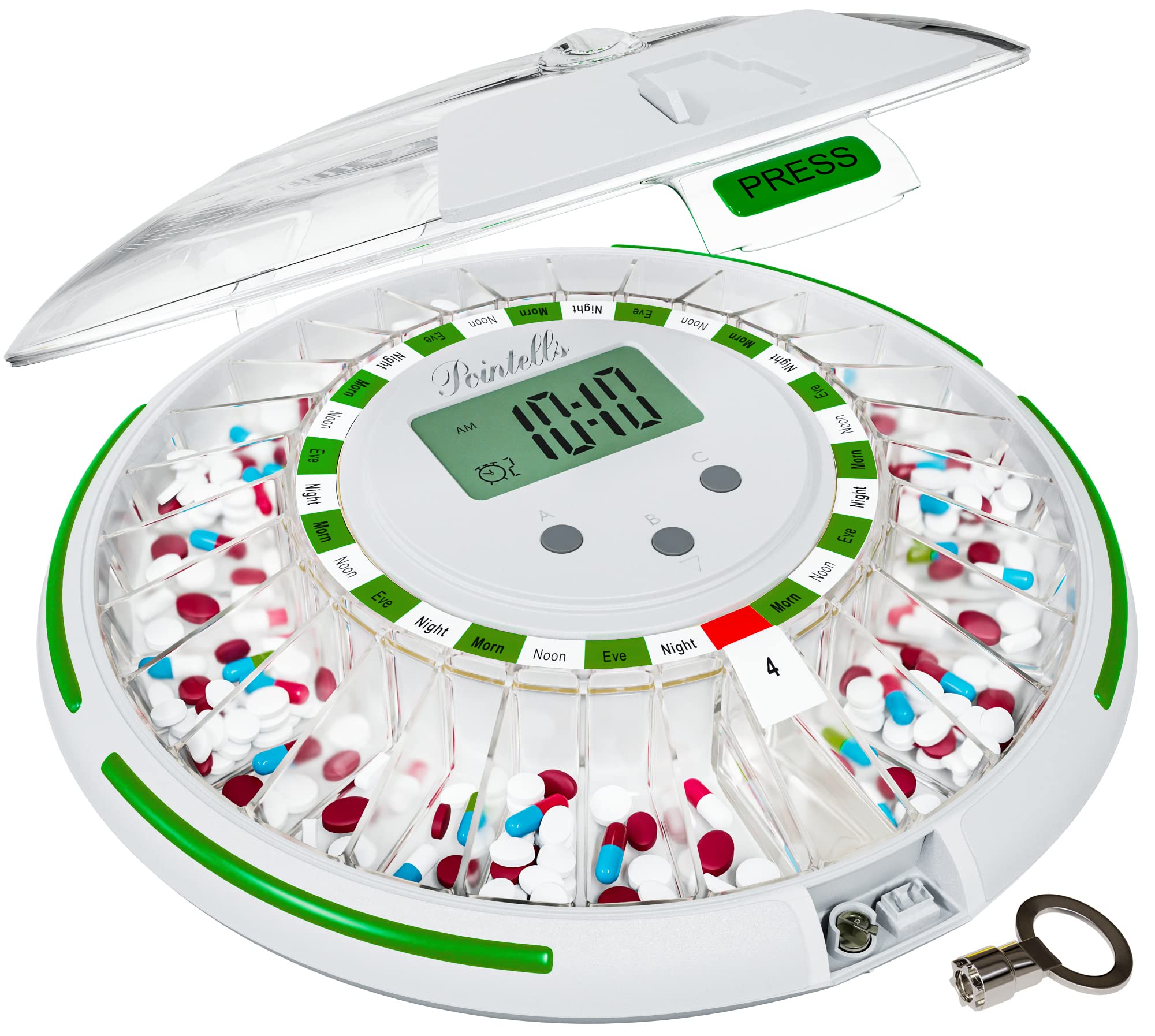 Pointells - Automatic Pill Dispenser with Sound Alarm for Timed Medicine Organizer - 28 Day Pill Dispenser Machine for Elderly with Alarm, Sound, Light - Timed Medication Dispenser Organizers