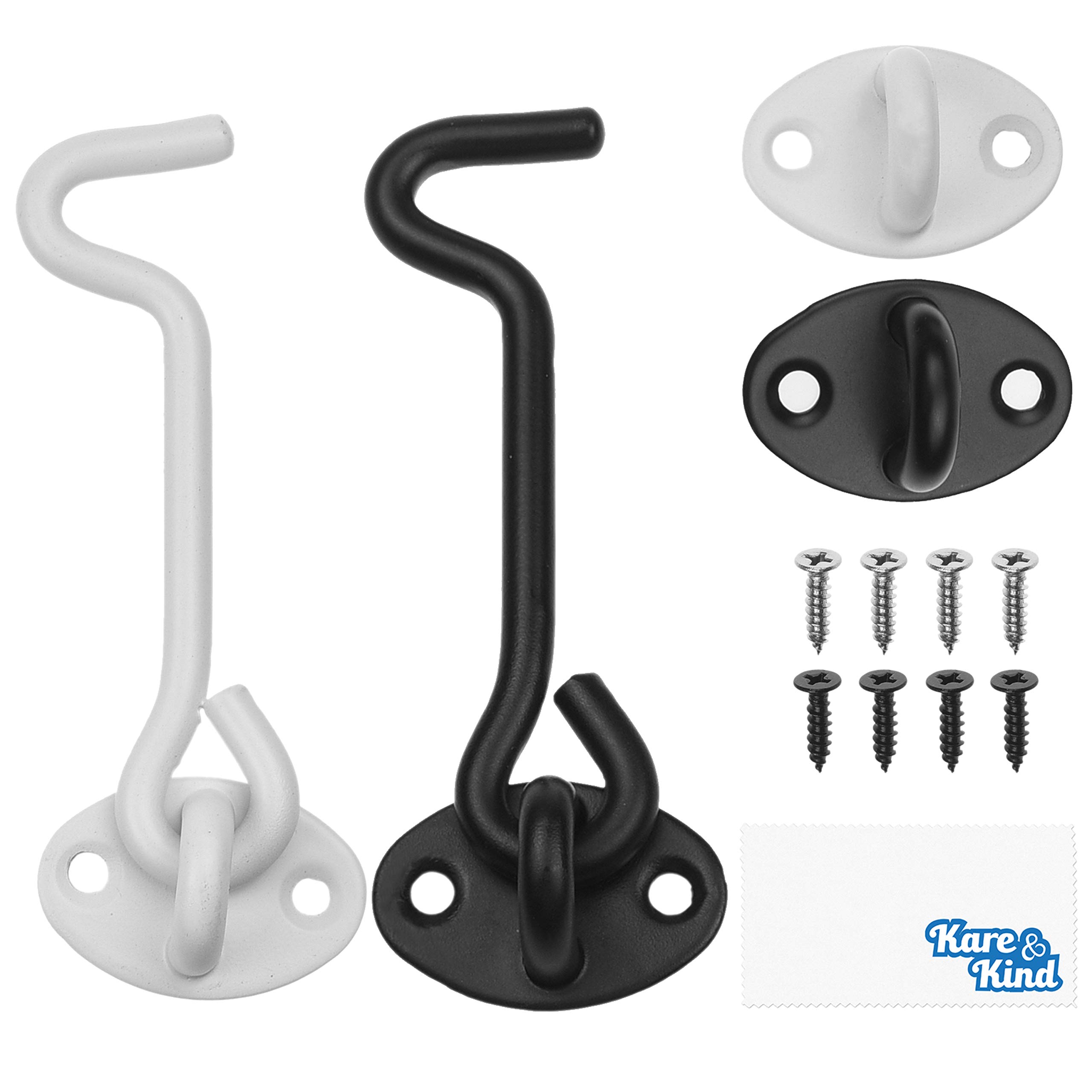 Kare & Kind 2X Barn Door Lock (4-inch) - Heavy Duty Screen Door Hook and Eye Locks for Door, Gates, Barns, Bathrooms, Cabins - Powder Coated Anti-Rust - for Security and Privacy - (Black/White)