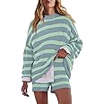 LAMISSCHE Womens Oversized Lounge Sets 2 Piece Outfits Striped Matching Pajama Set Long Sleeve Sweater Set