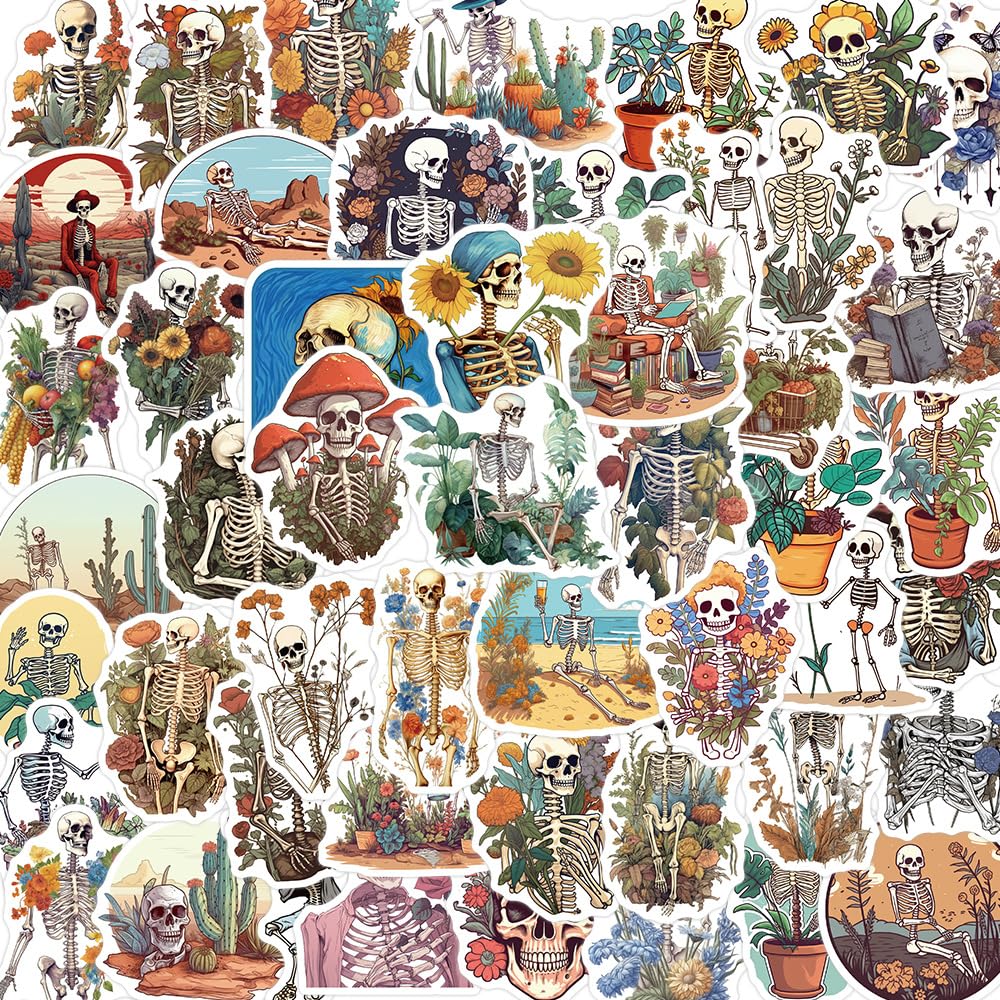 Artistic Skeleton Stickers for Laptop (50 PCS),Gift for Children Teens Adults Girl Boys,Waterproof Stickers for Water Bottle,Skeleton Vinyl Stickers for Scrapbook,Skateboard,Bike,Phone,Dairy