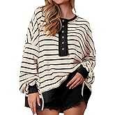 PRETTYGARDEN Womens Fall 2026 Striped Oversized Sweatshirt Long Sleeve Button Up Henley Neck Waffle Knit Pullover Tunic Tops