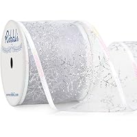 Ribbli Snowflake Glitter Wired Ribbon,White Organza Sheer Ribbon with Silver Glitter Big Snowflake Pattern and…