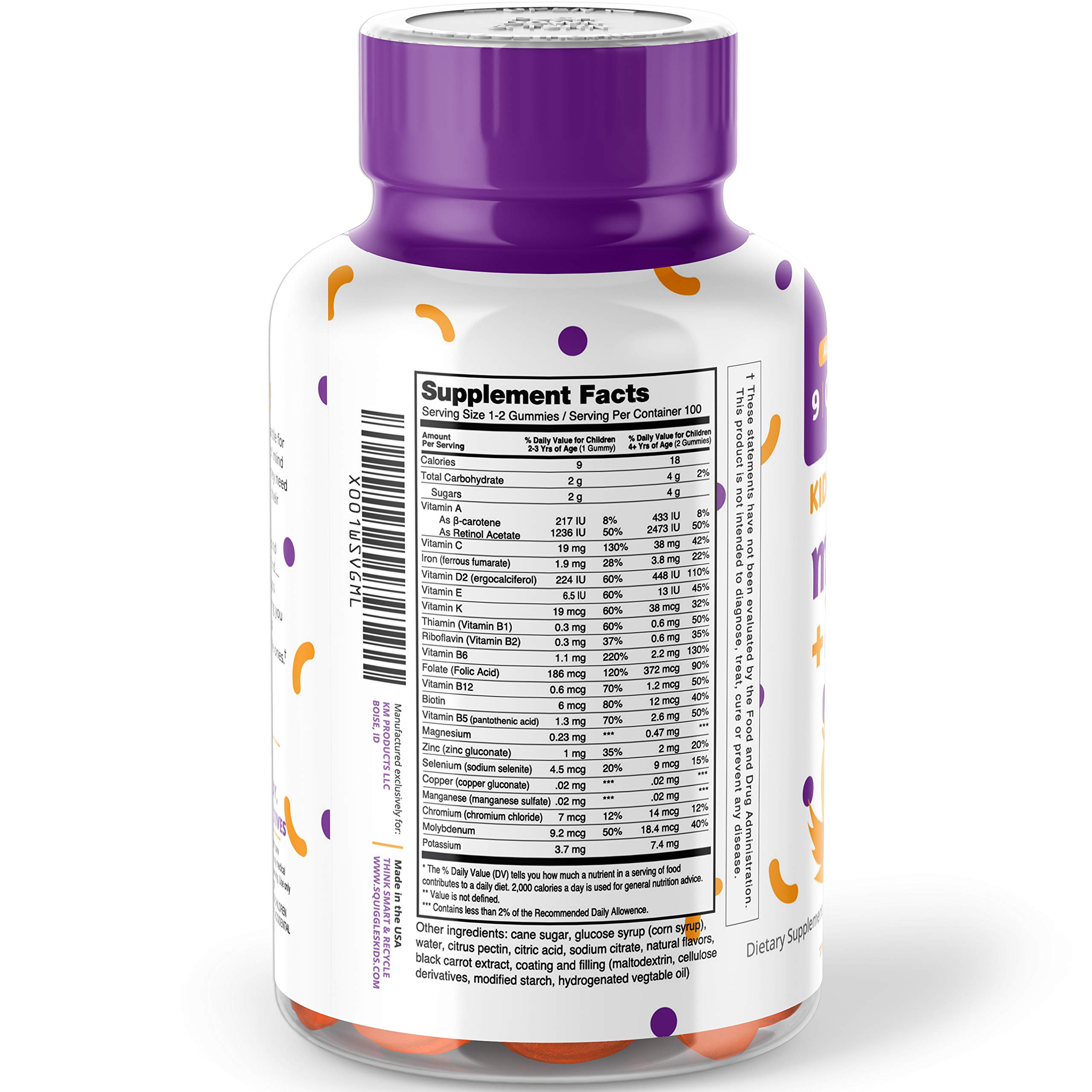 Squiggles Kids Multivitamin + Iron Gummies 100ct. AllNatural, Low