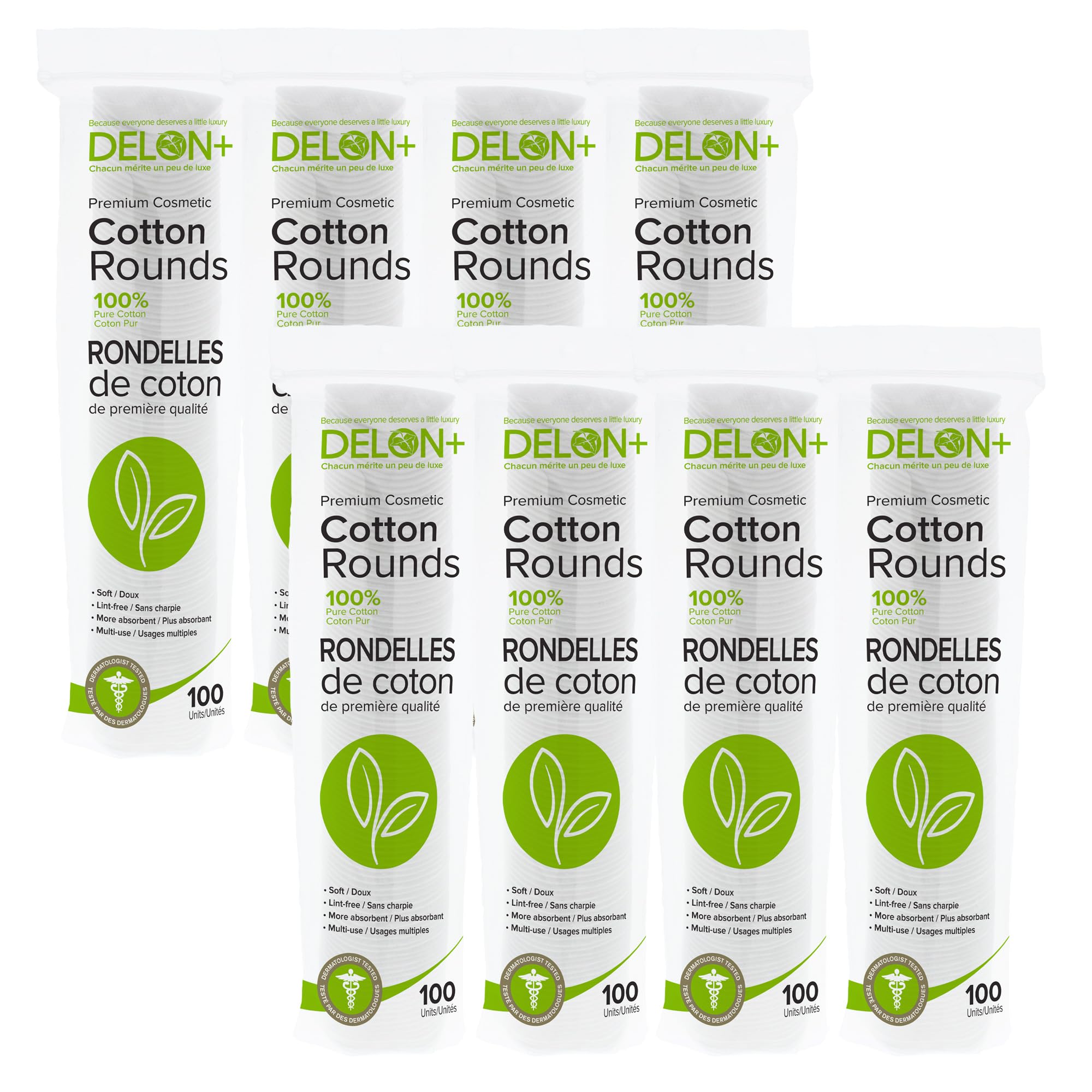 DELON+ Premium Cotton Rounds with Aloe Vera & B5 Provitamin - 100 Count pack of 8