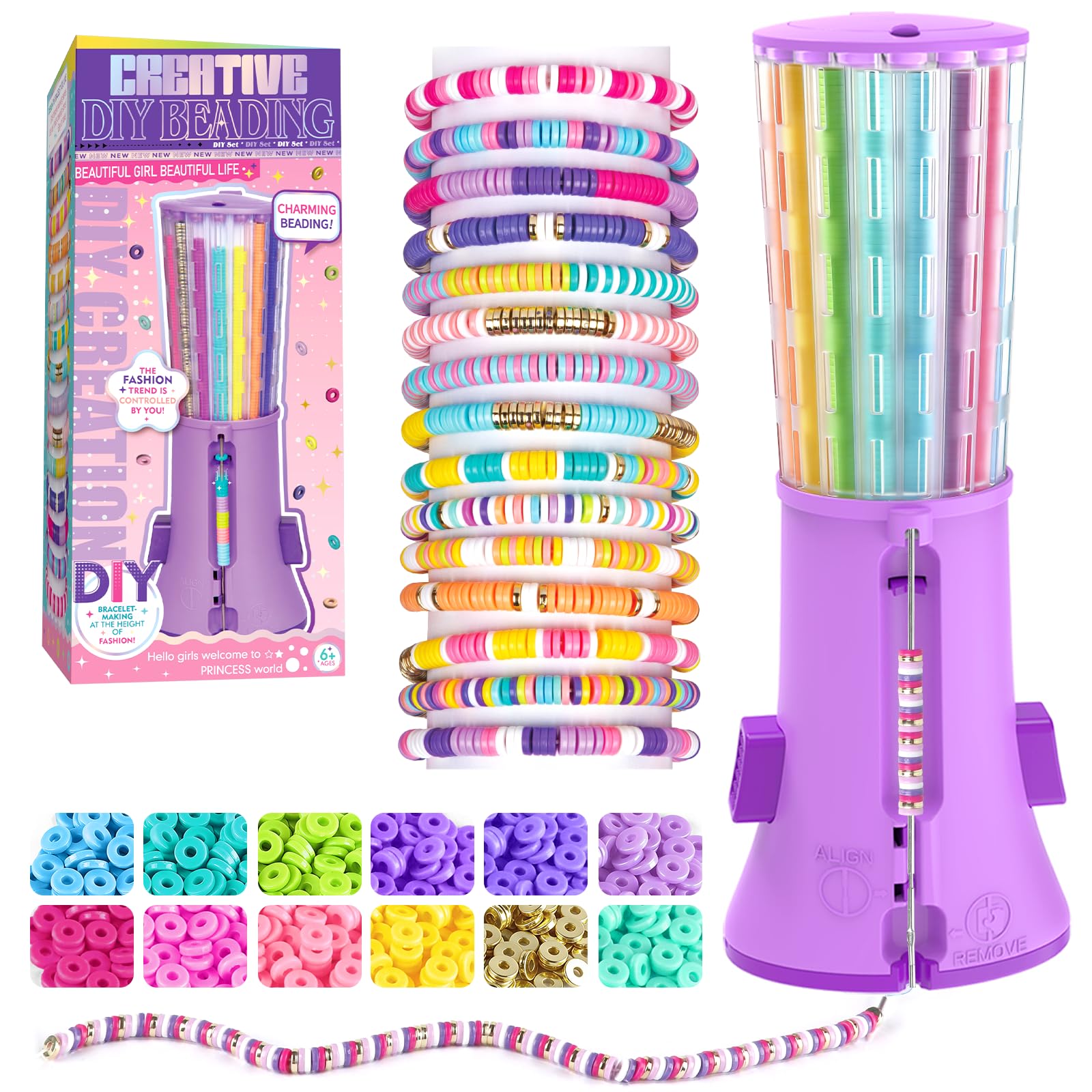Heishi Bracelet Making Kit Toy for Girls - Spinning Rotating Bead Tray with One-Click, 2600 Pcs DIY Bracelet Maker Machine, Arts and Crafts Jewellery Set, Friendship Bracelets for Kids Ages 6+