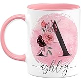 Personalized Coffee Mug w Initial Name Letter, DOUBLE-SIDED - Pink - 11 or 15 Oz - Custom Ceramic Mug, Christmas Gifts for women, Mom, Flower Lover Gifts for Girlfriend, Monogrammed Tea Cup