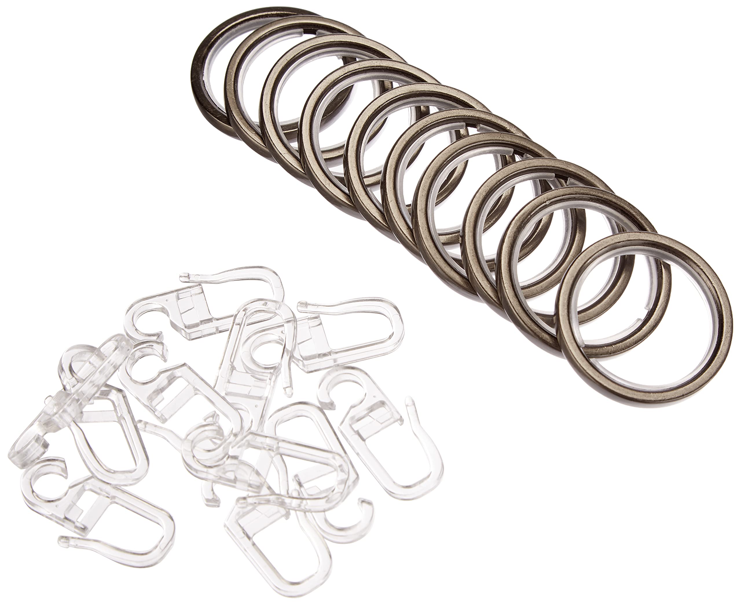 Gardinia Curtain Rings for Curtain Rods with 20 mm Diameter, Gliding Inlay and Pleated Hooks Included, Pieces, Chicago Series, 10 mm Width, Metal, Titanium