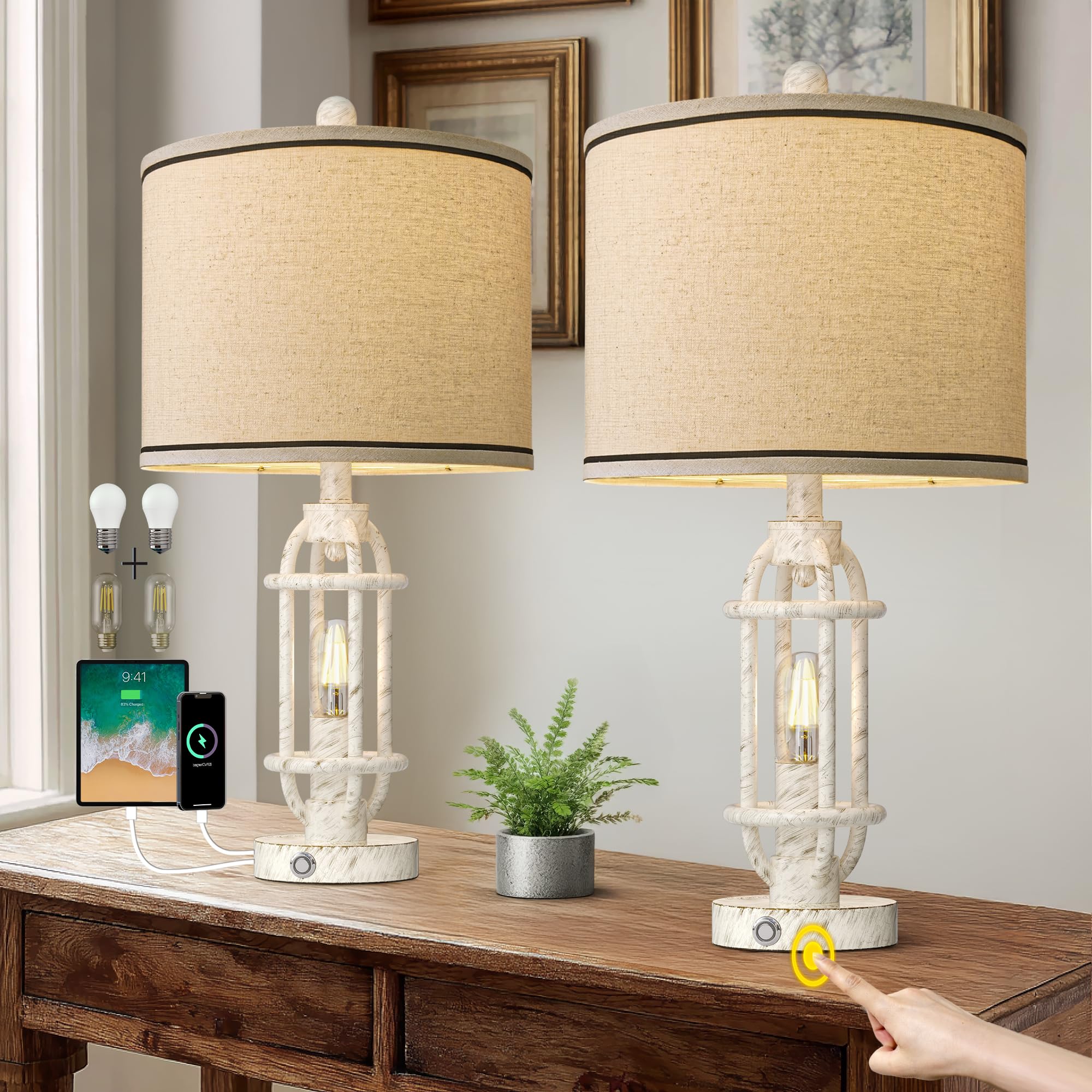 Photo 1 of G-SAFAVA 23.75'' Table Lamps Set of 2 for Living Room Bedroom Industrial Farmhouse Metal Touch Lamps with USB A+C Ports, Night Light Vintage Nightstand Bedside Lamp, Bulbs Included, White