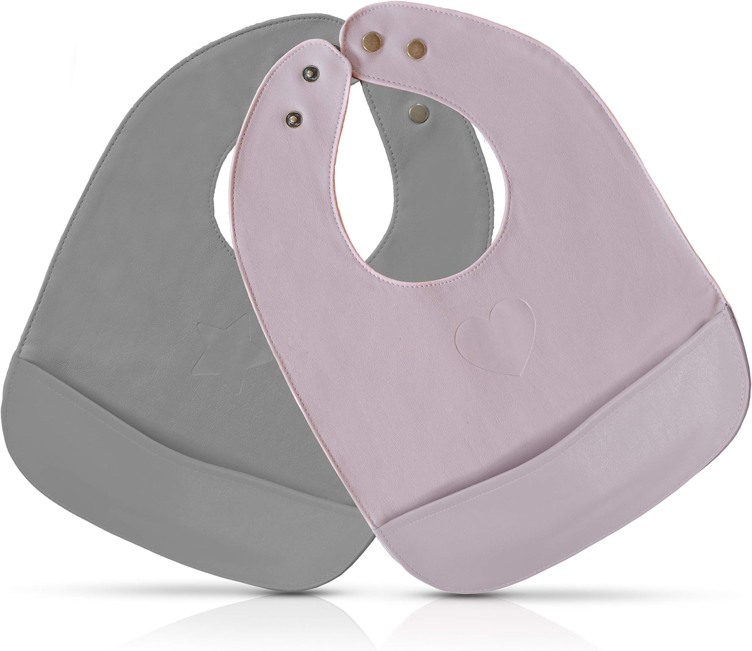 Vegan Leather Easy Clean Baby Bibs with Practical Food Catching Pocket and Snaps - Set of Super Cute Soft Vegan Leather Bibs - Great for Feeding and Teething Infants Babies and Toddlers 9-24 Months