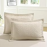 WINLIFE 100% Cotton Quilted Pillow Sham Floral Printed Pillow Cover (King, Beige)