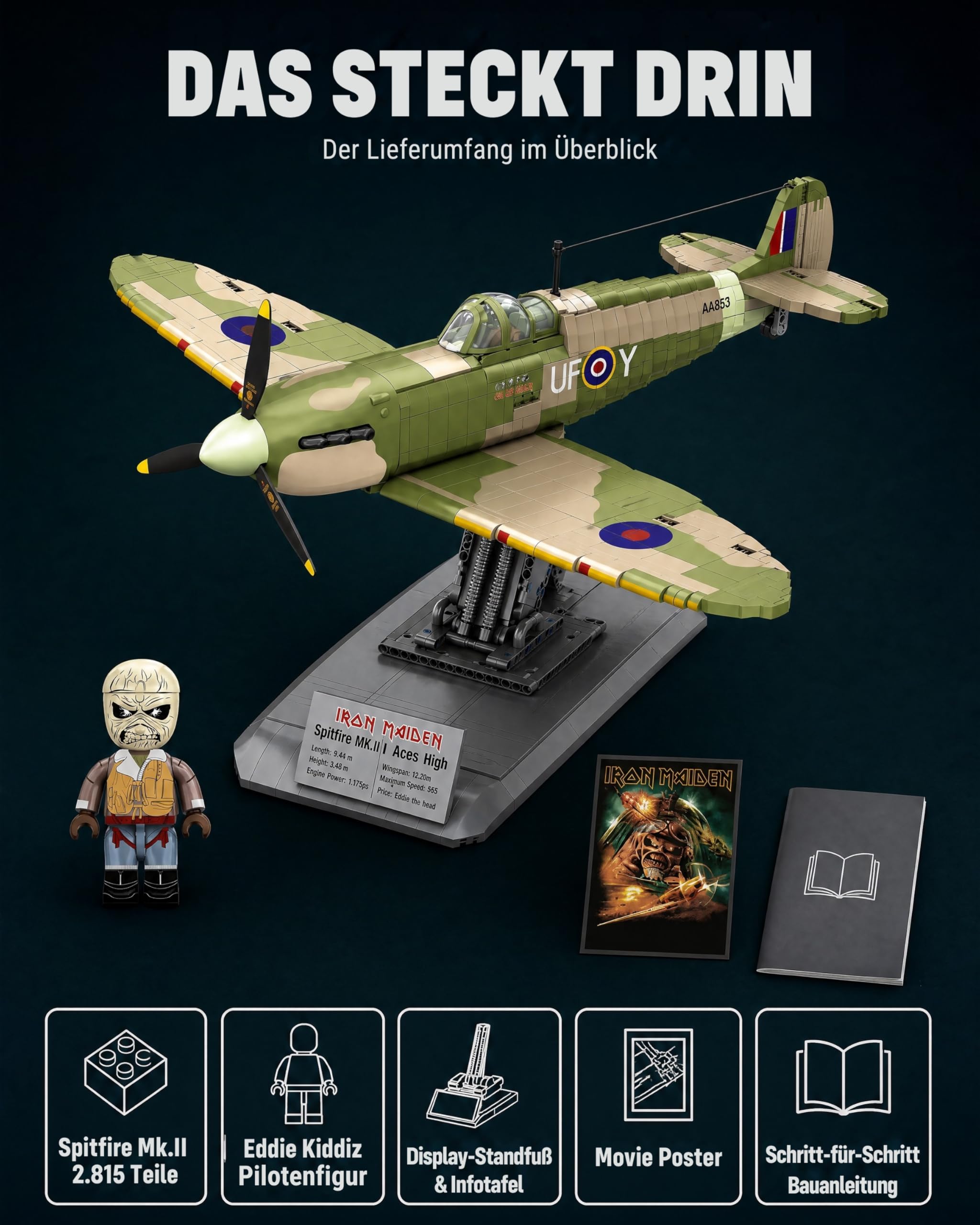 Revell Brick System Iron Maiden Spitfire MK.II Aces High | Klemmbaustein Set 1:18 mit 2802 Teilen | mit Eddie Pilot Figur, beweglichem Propeller & Cockpit | ab 18 Jahren 4