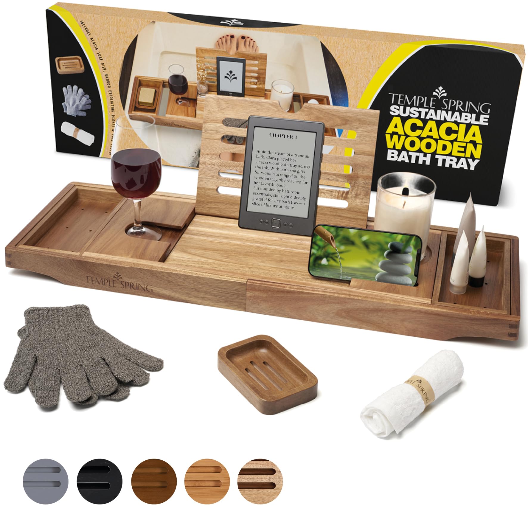 Temple Spring Acacia Wooden Bath Tray, Bath Shelf Bathroom Accessory, Home Spa Boards for Adults, Tub Caddy, Wood Bathroom Accessories Set, Extendable Bathtub Rack with iPad & Phone Holder -Not Teak