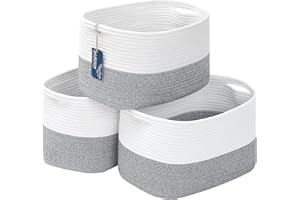 AUSSIY 3 Pack Rope Baskets for Storage Basket, Cotton Rope Woven Basket with Handles. Blanket Basket for Storing Clothes, Toys, Books, Shelves etc, 15''L x 10''W x 9.5''H, Gray/Off White