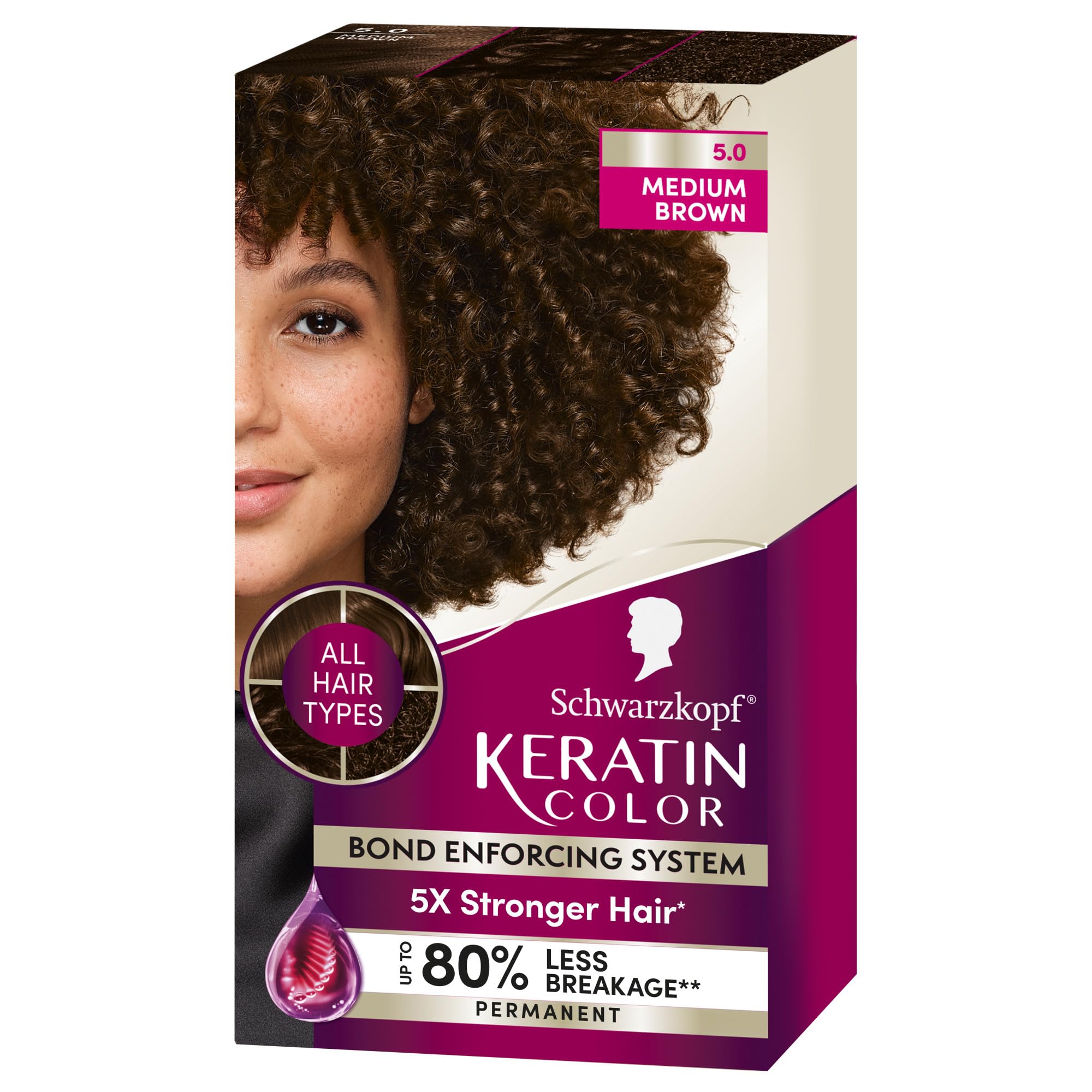 Schwarzkopf Keratin Permanent Hair Dye Cream, 5.0 Medium Brown, Professional Quality Color for Up to 100% Gray Coverage, Bond Enforcing System
