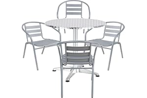 BTEXPERT Gray Indoor Outdoor 23.75" Restaurant Stainless Steel Silver Aluminum + 4 Metal Slat Stack Lightweight, 4 Chairs with a Round Table