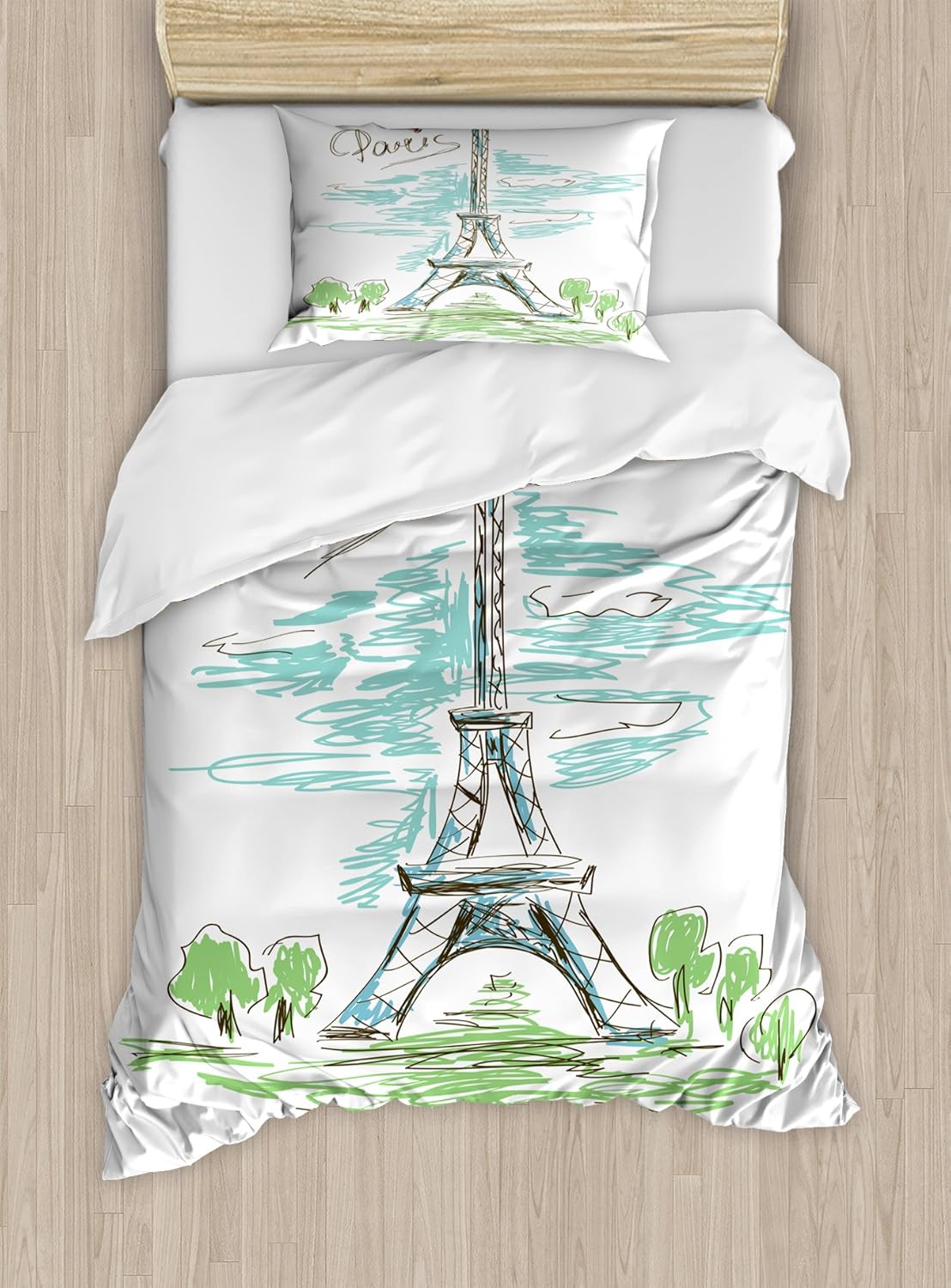 Paris Duvet Cover Set by Ambesonne, Touristic Colorful Sketch of Eiffel Tower in Paris French Style Travel Illustration, 2 Piece Bedding Set with Pillow Sham, Twin / Twin XL, Multicolor
