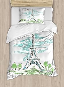 Paris Duvet Cover Set by Ambesonne, Touristic Colorful Sketch of Eiffel Tower in Paris French Style Travel Illustration, 2 Piece Bedding Set with Pillow Sham, Twin / Twin XL, Multicolor