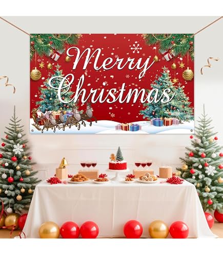 "Merry & Bright" Rainbow Christmas Banner - 15 Panel DIY Party Decoration With Ribbon