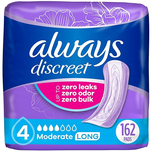 ALWAYS DISCREET ADULT INCONTINENCE PADS FOR WOMEN, MODERATE ABSORBENCY, LONG LENGTH, POSTPARTUM PADS, 52 COUNT