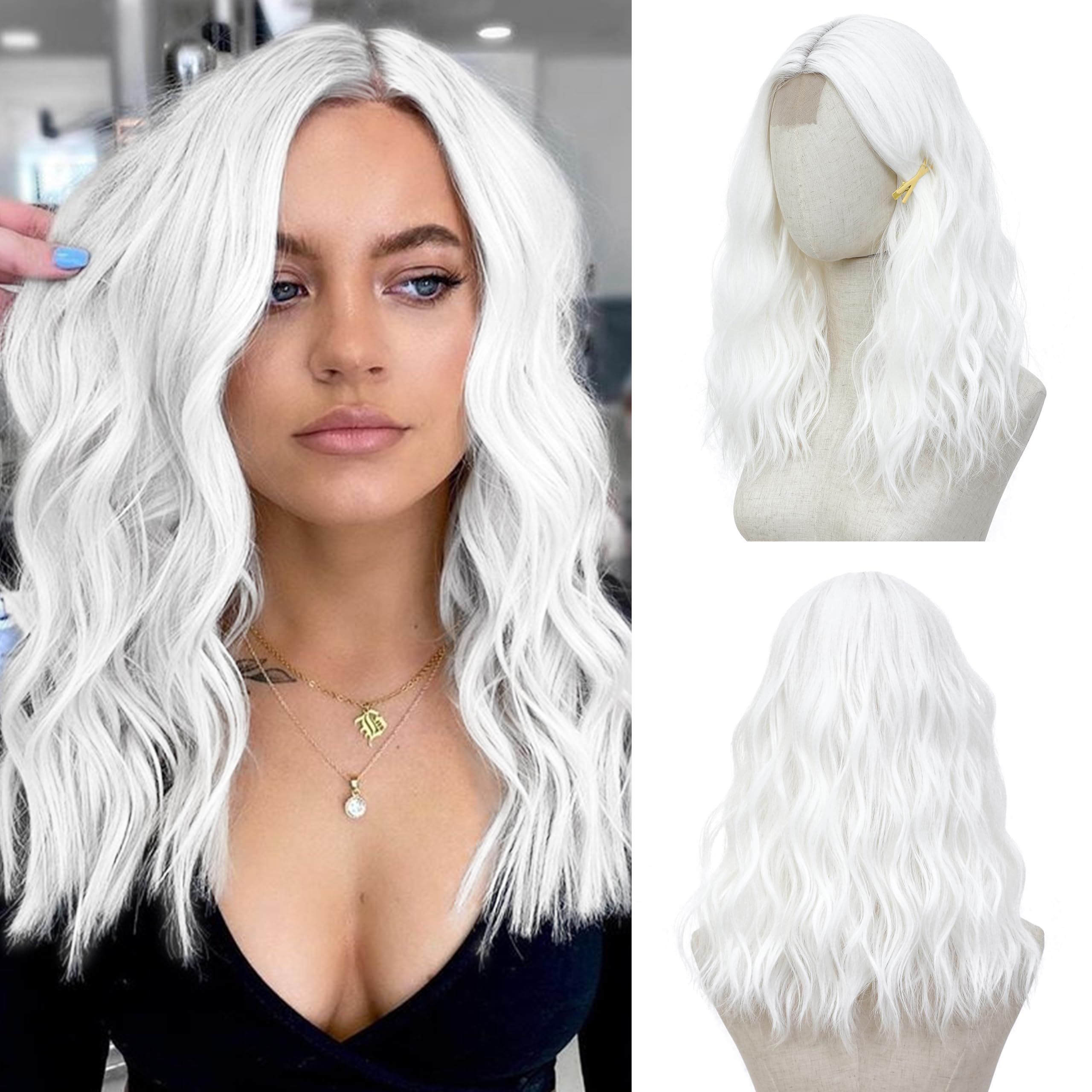 Photo 1 of BUPPLER White Wig 18 Inch Medium Length Wigs for Women Middle Part Synthetic Hair Wavy Wig with Upgraded Strands,Natural Hair Wigs for Daily Party/Halloween Use 18Inch,White