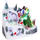 MEETYAMOR Christmas Village, Lighted Christmas Village House Set with Moving Skiing Figurines &amp; Trees, Snowy Winter Xmas Town Scene Collection Buildings Decorations, Home Indoor Mantel Table Decor