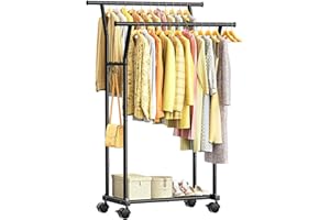 Luxspire Double Rods Clothes Rack for Hanging Clothes, Rolling Clothing Rack with Side Hooks, Bottom Shelves, 360° Wheels, Ga