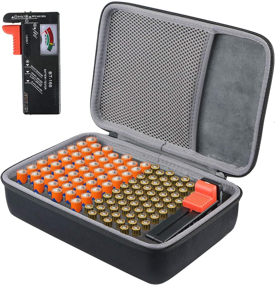 co2CREA Hard Travel Battery Organizer Storage Box for BT-168D Tester, Carrying Case Holds 53 AA, 63 AAA, Black, M_Holds, with tester