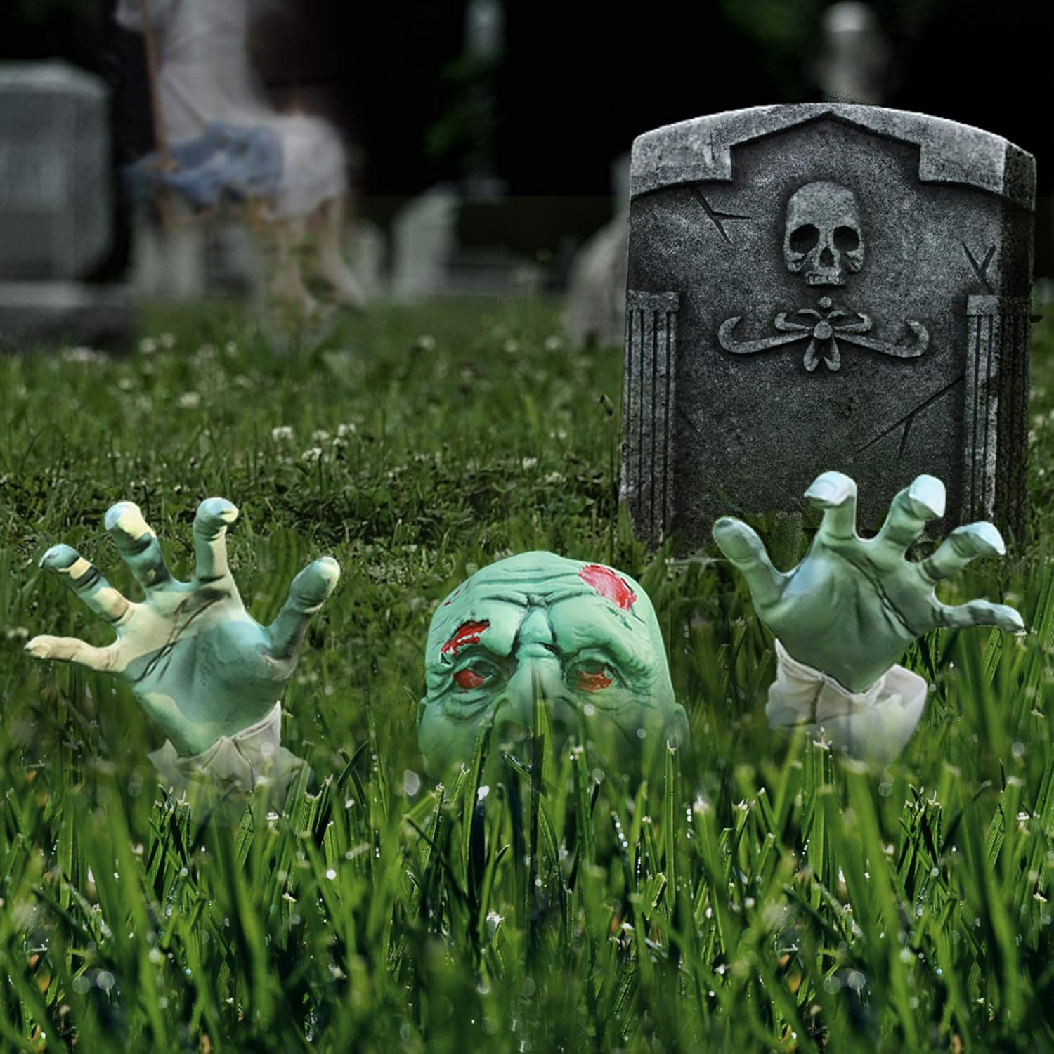 Halloween Decorations - Halloween Realistic Zombie Face and Arms Lawn Stakes - Plastic Green Skeleton Bone Head and Hands Garden Yard Stakes for Haunted House Graveyard, Cemetery, Coffin Party: Garden & Outdoor