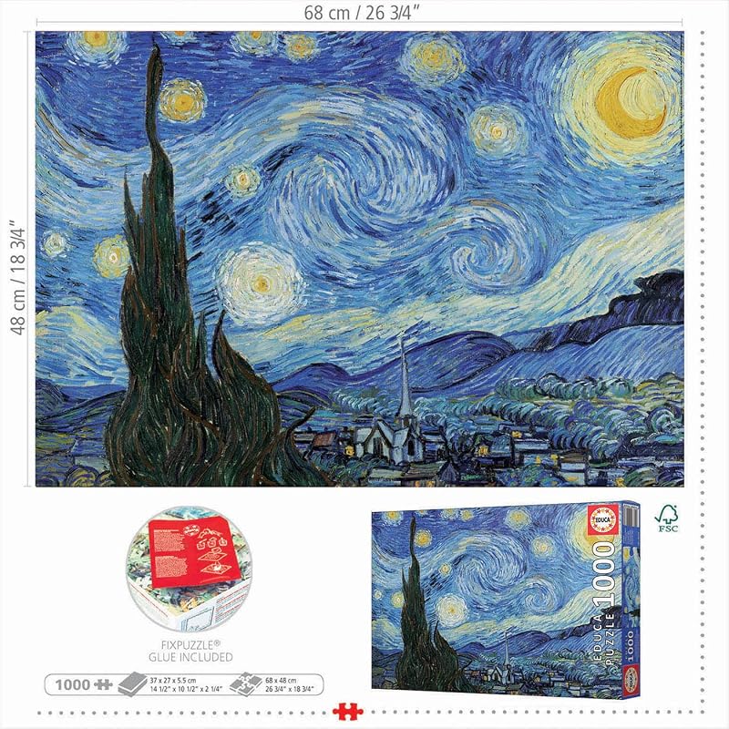 Educa - quebra-cabeça de 1000 peças para adultos | a noite estrelada, vincent van gogh. inclui cola para consertar quebra-cabeças. a partir dos 14 anos (19263)
