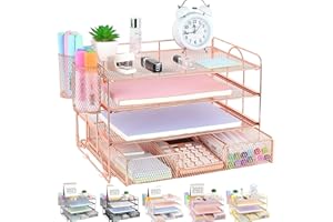 Spacrea Desk Organizers and Accessories - 4 Tier Letter Tray Paper Organizer with Drawer and 2 Pen Holder, Desktop File Organizer for Office Supplies(Rose Gold)