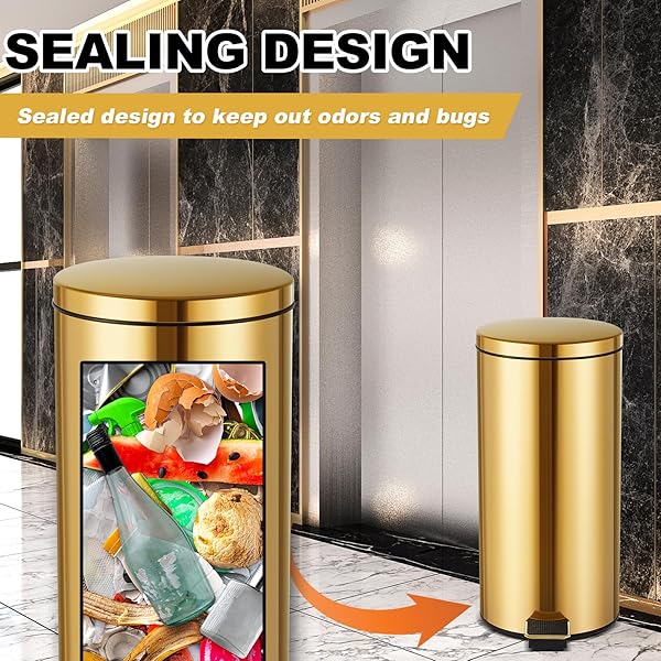 REALLNAIVE 30L/8GAL GOLD STEP TRASH CAN WITH 100 GARBAGE BAGS METALLIC GOLD BRASS LIDDED STEP KITCHEN GARBAGE BIN WITH LID COMMERCIAL COMPACT WASTE BASKET FOR SHOPPING CENTERS, ELEVATOR DOORS, HOTELS