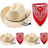Unittype Cowboy Hats Set of 3 with Red Bandanas - Classic Western Cowboy Party Hat Accessories