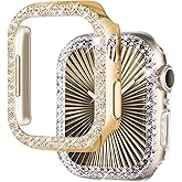 NewWays 2-Pack Luxury Bling Case for Apple Watch Series 7 8 9 45mm, Double Row Sparkling Crystals Premium Jewelry Bumper, Slim Protective Frame Cover for Women, Gold/Clear