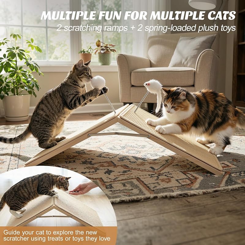 Griffoir Chat, Rampe á Griffer en Sisal pour Chat, Planche á Griffer Pliable en Bois avec 2 Jouets en Peluche À Ressort, Rampe Triangle pour Chatons Protection Meubles, Tapis Anti-Dérapant