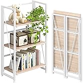 4NM No Assembly Folding Bookshelf Storage Shelves 3 Tiers Vintage Bookcase Standing Racks Study Organizer Home Office (Natural White)
