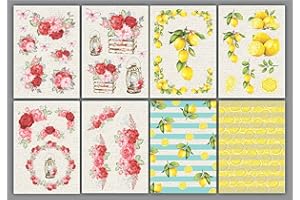 CrafTreat Lemon Decoupage Paper for Crafts - Lemon and Red Roses - Size: A4 (8.3 x 11.7 Inch) 8 Pcs - Floral Decoupage Paper for Wood, Furniture and Scrapbooking