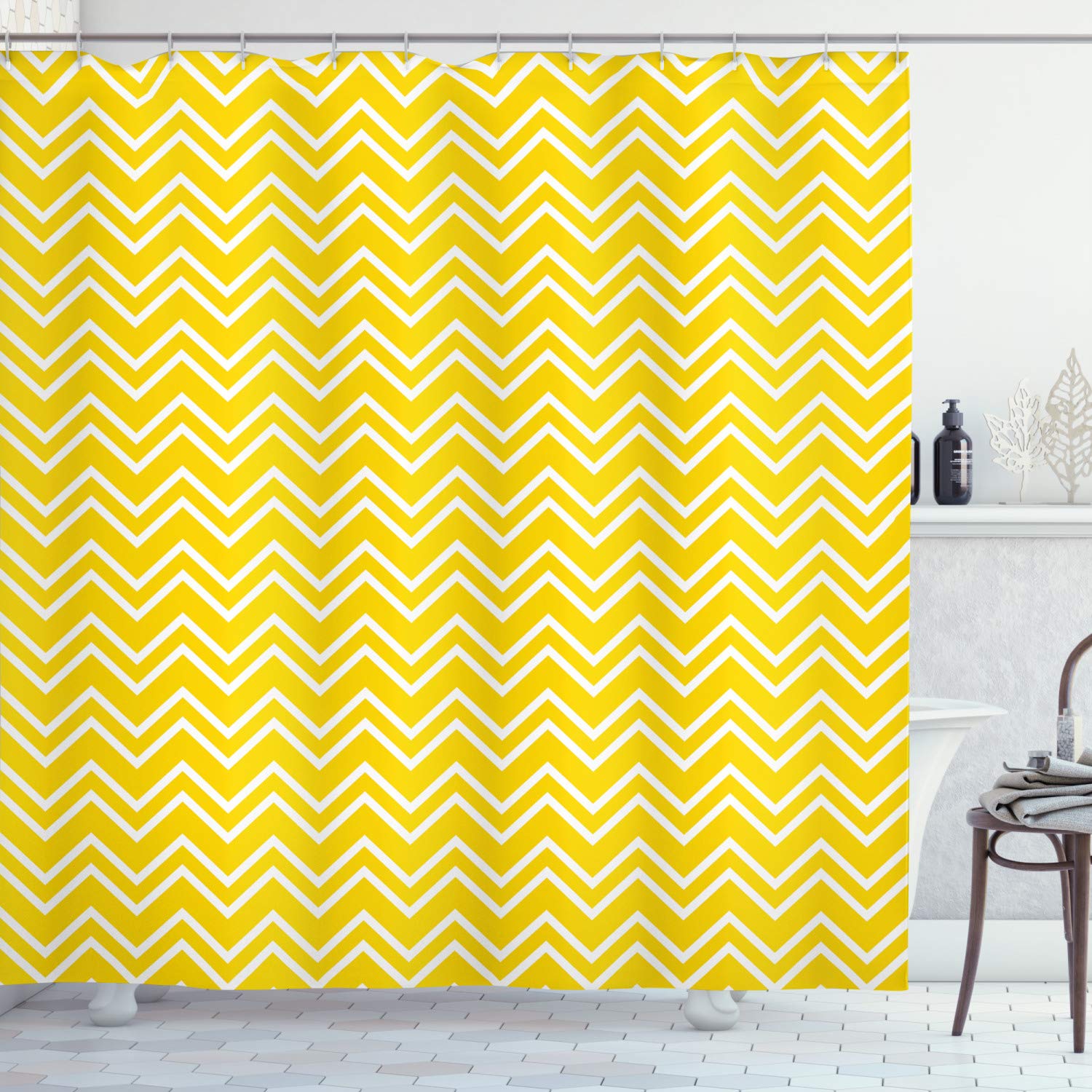 ABAKUHAUS Yellow Shower Curtain, Zig Zag Chevron Pattern in Yellow and White Colors Modern Inspired Art Print, Cloth Fabric Bathroom Decor Set with Hooks, 78 Inches, Yellow and White