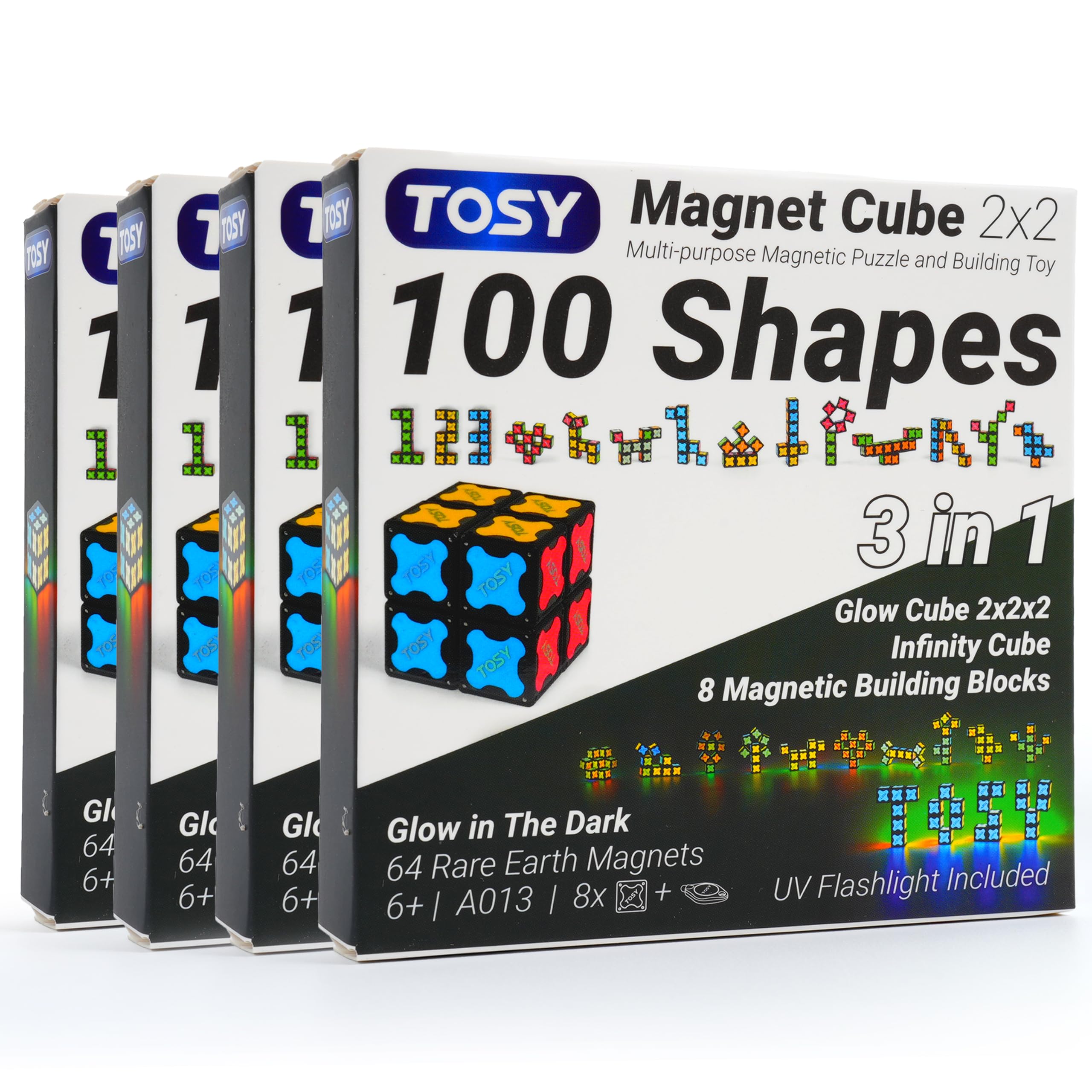 TOSY Magnet Cube 2x2-8 Blocks, 2in1 Toy: 2x2x2 Puzzle Cube and Customizable Infinity Cube, Easter Birthday Gifts for Kids/Grandkids, Glowing w/UV Flashlight, STEM Toy, 4-pack