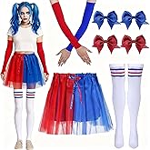 Halloween Joker Costume Set for Women Blue and Red Tutu Skirt Arm Sleeves Long Striped Socks and 4 Bow Clips Halloween Accessories Set for Masquerade Cosplay Party Favor
