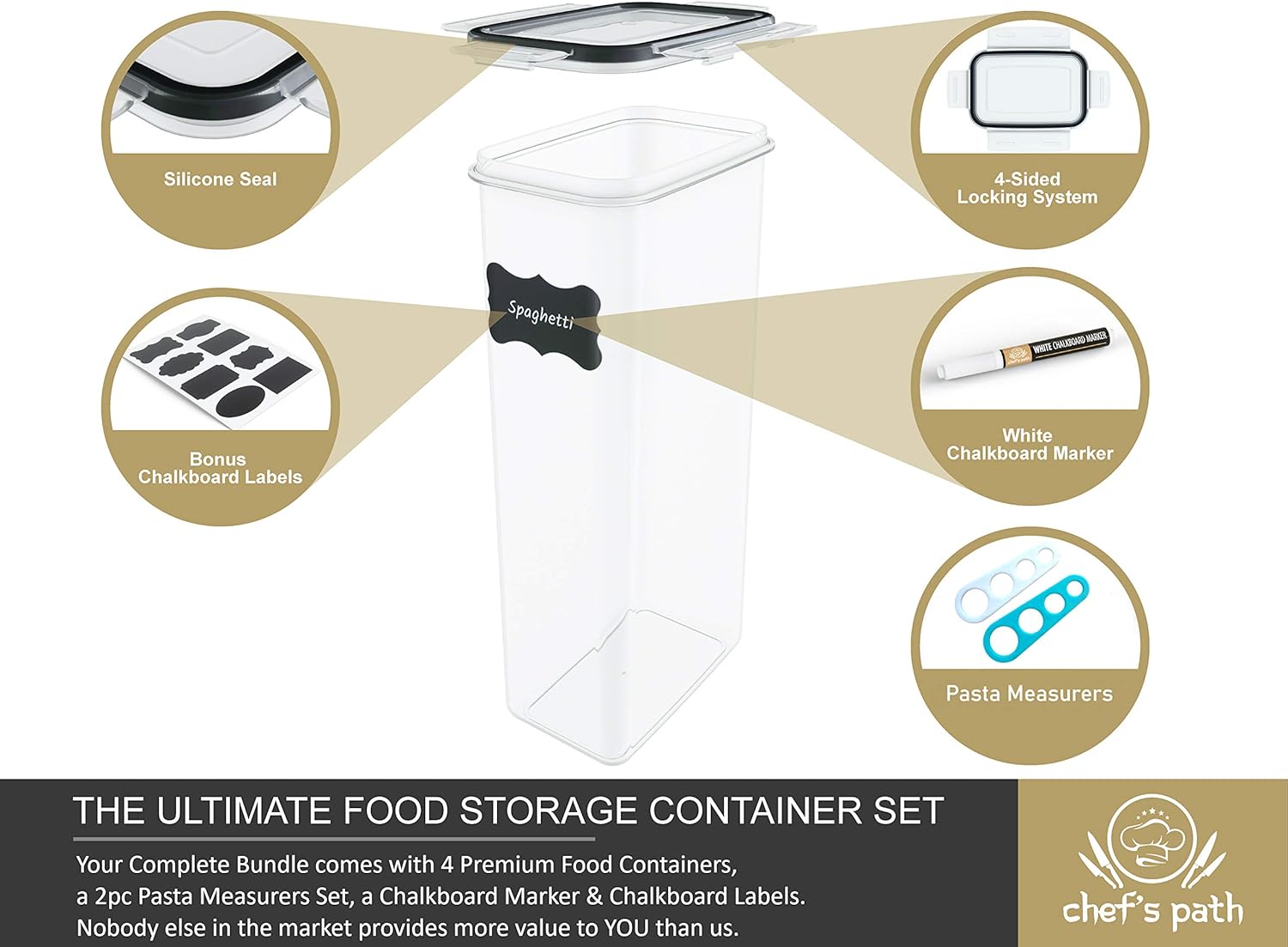 Chef's Path Airtight Tall Food Storage Container Set - Ideal for Spaghetti, Noodles & Pasta - 4 PC/All Same Size - Kitchen & Pantry Organization - Plastic Canisters with Durable Lids (Black): Kitchen & Dining