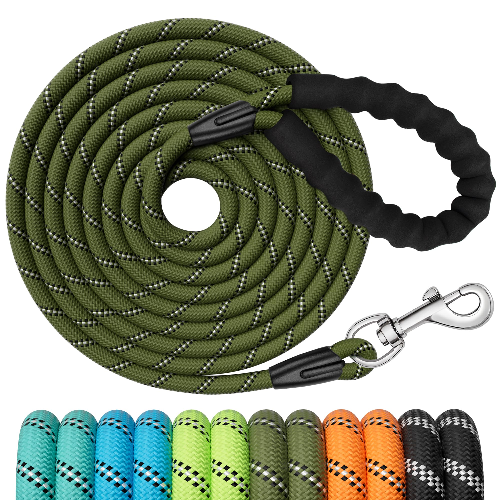 X XBEN Training Leads for Dogs, 5M/16FT Strong Rope Long line Dog Lead Leash with Soft Padded Handle and Heavy Duty Hook, Reflective Recall Training Leads for Large Medium Small Dog, Olive