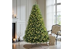 7.5 FT Pre-lit Christmas Tree, Artificial Pine Spruce Christmas Tree 1380 PVC Branch Tips 450 Warm White Lights, Easy Assembl