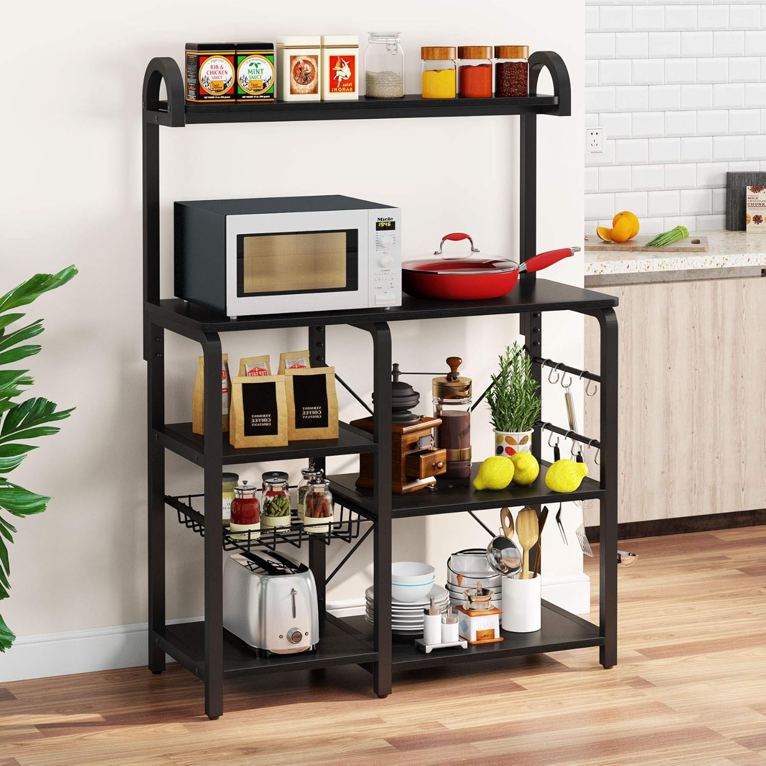 Tribesigns 35.5 inches Kitchen Baker’s Rack Microwave Oven Stand, Industrial Kitchen Cart Utility Storage Shelf Organizer Coffee Bar with Wire Basket and 6 Hooks (Black) - Standing Baker's Racks