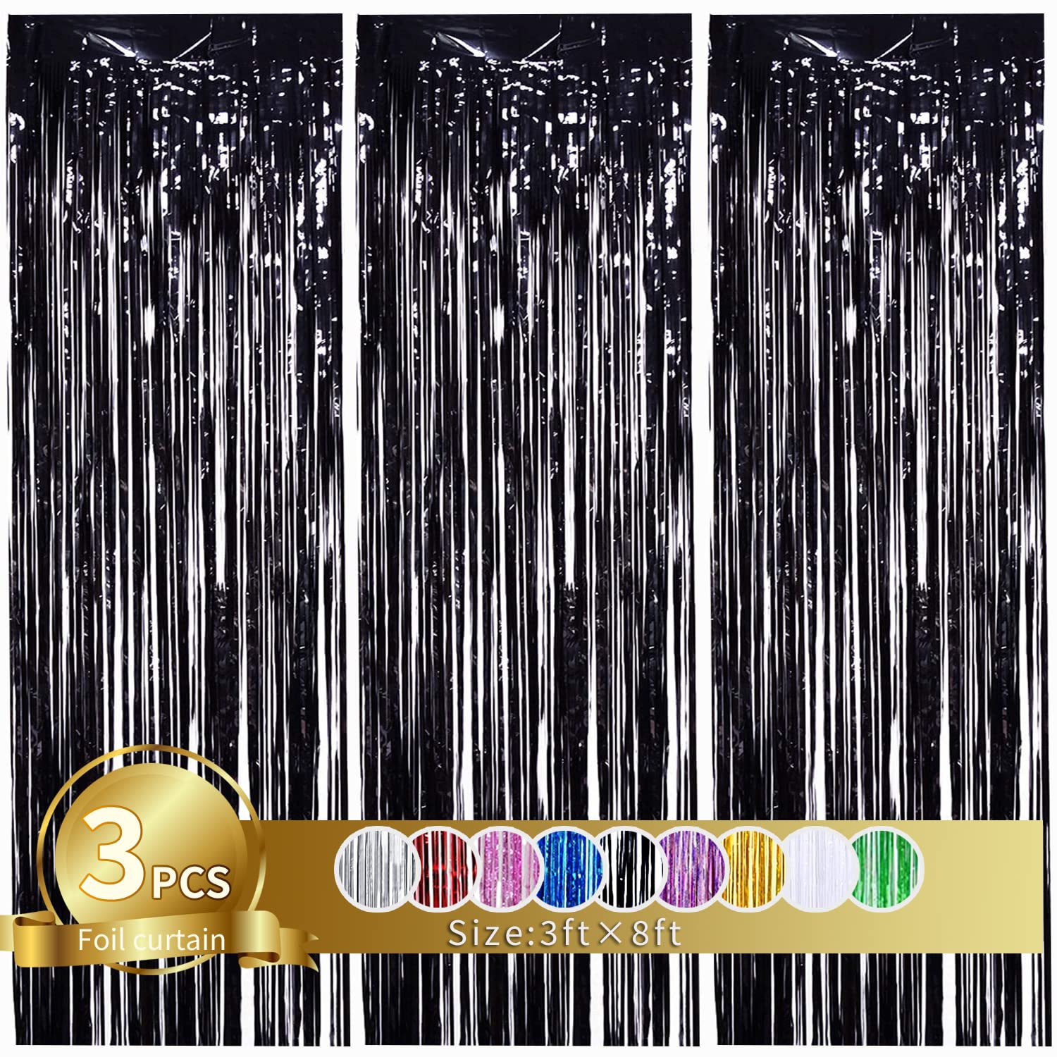 3Pcs Black Metallic Tinsel Foil Fringe Curtains, 3.28ft x 8.20ft Black Photo Booth Backdrop Streamer Curtain,Photo Booth Props,Ideal Bachelorette Party Supplies,Birthday,Christmas,New Year Decorations