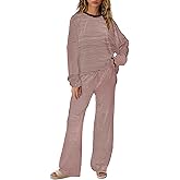 SENSERISE Womens Striped Lounge Set 2 Piece Outfits Fall Matching Pajama Sets Long Sleeve Striped Shirt Wide Leg Pants
