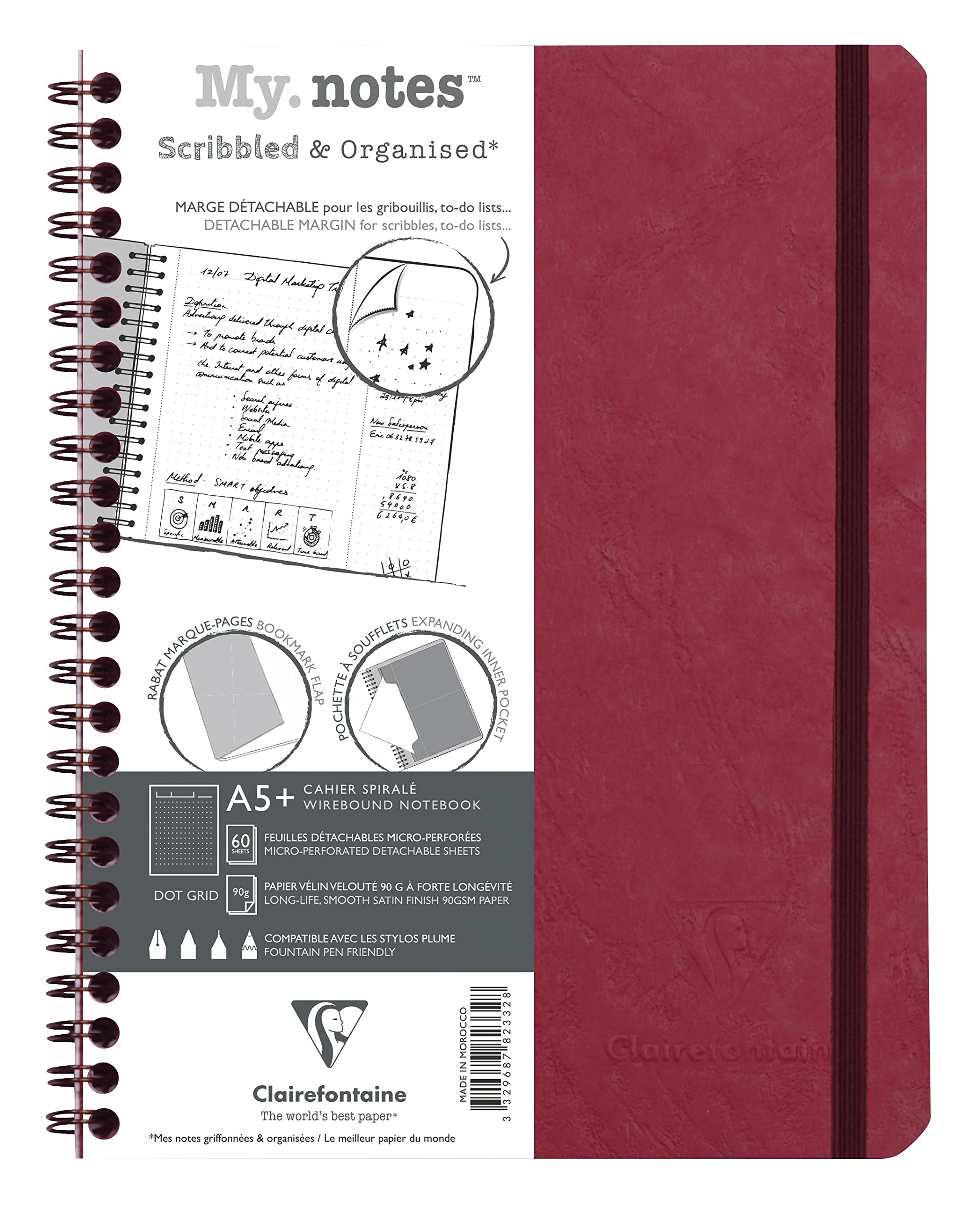 Clairefontaine 782332C Age Bag Collection MyNotes Red Spiral Notebook w/ Margins - A5+ 16x21cm - 120 DOT Detachable Pages - 90 g White - Leather Card Cover