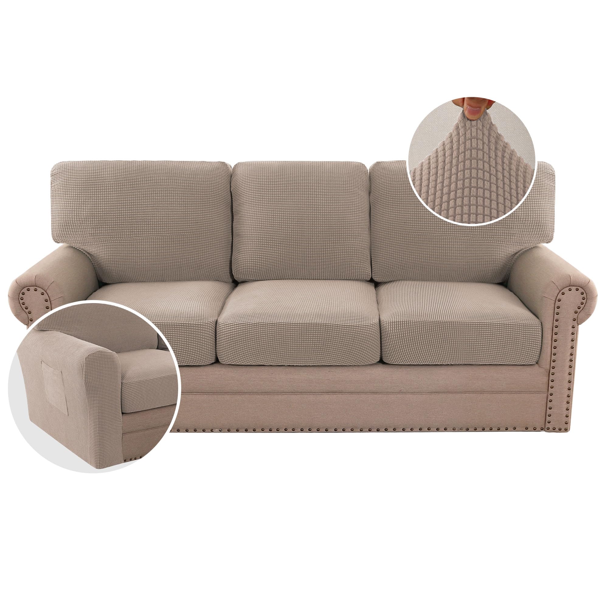 Photo 1 of H.VERSAILTEX Multi-Pieces Sofa Covers Stretch Couch Covers Form Fitted Seats and Back Cushions Covers (3 Seat Covers Plus 3 Back Cusion Covers, Bonus 2 Armrest Covers), Sand