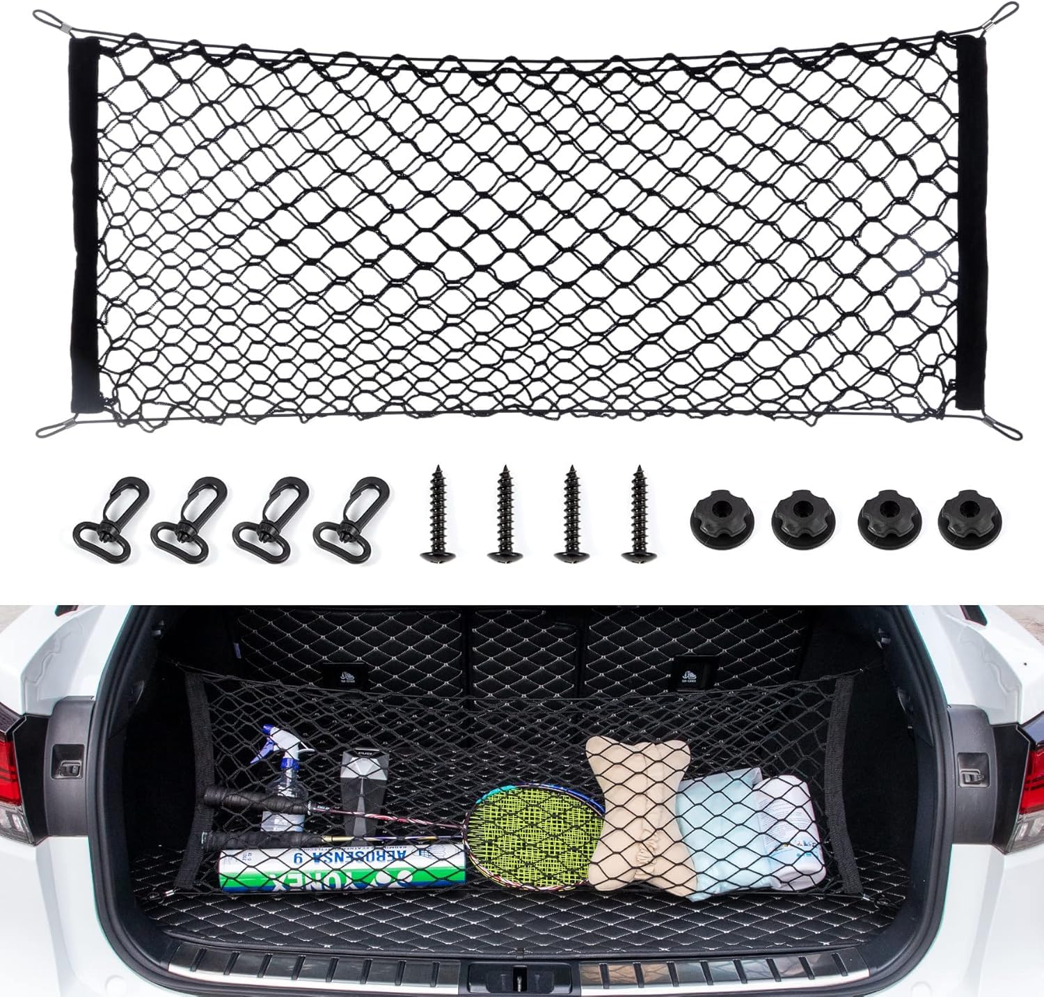Photo 1 of alpmosn Stretchable Car Cargo Net Adjustable Elastic Storage Net Trunk Interior Accessories with Hook, Universal Fit for Car, Vehicle, SUV (43.3"x15.8")
